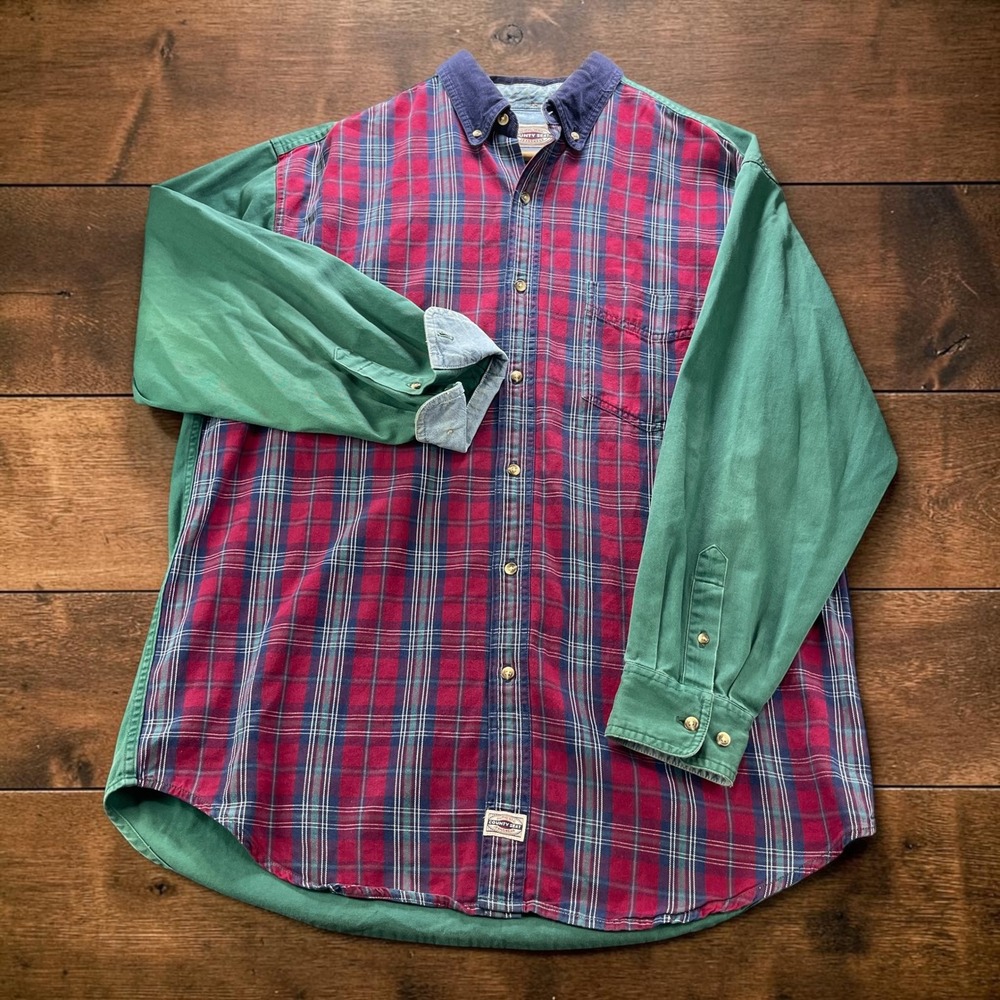 Vintage 90s Color Block Plaid Flannel Denim Flip Cuff Shirt County Seat Mens L